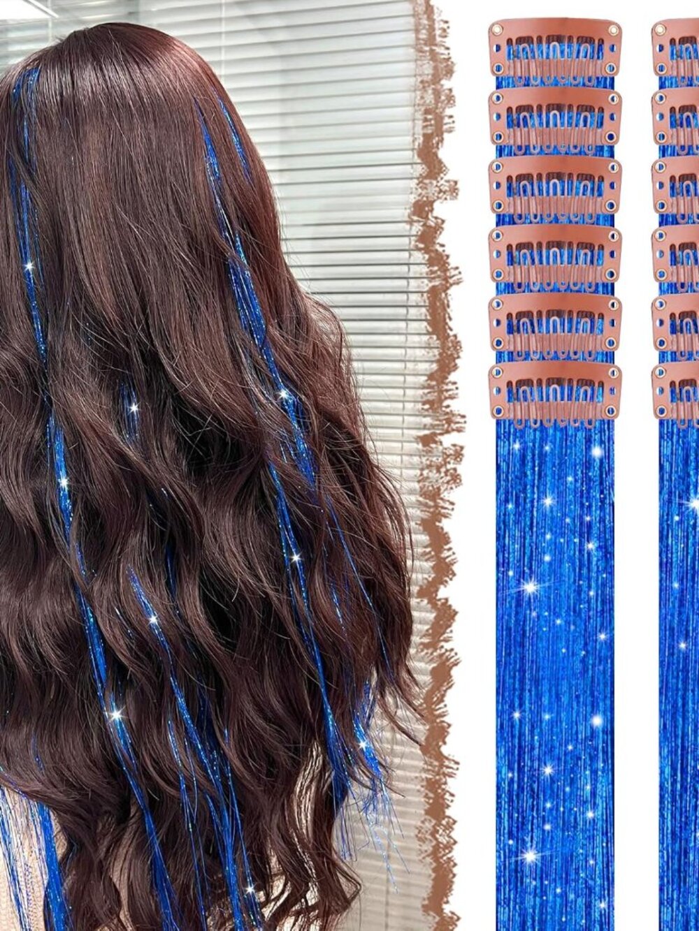 Clip in Hair Tinsel - 12 PCS Blue Clip ins Glitter Tinsel Hair Extensions Sparkl
